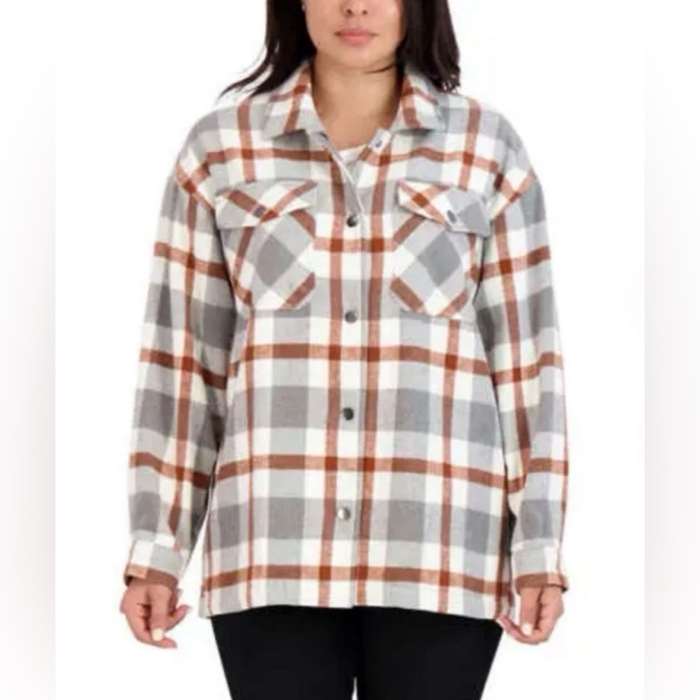 HFX Women’s Medium Gray Brown Shirt Jacket Relaxed Fit Drop Shoulder Pockets‎